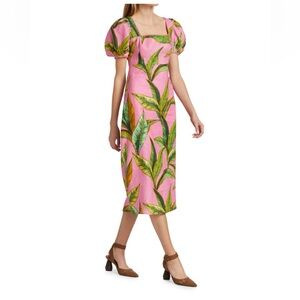 NWOT Farm Rio, Pink Foliage-Print Cross-Back Linen Midi Dress, Size XS